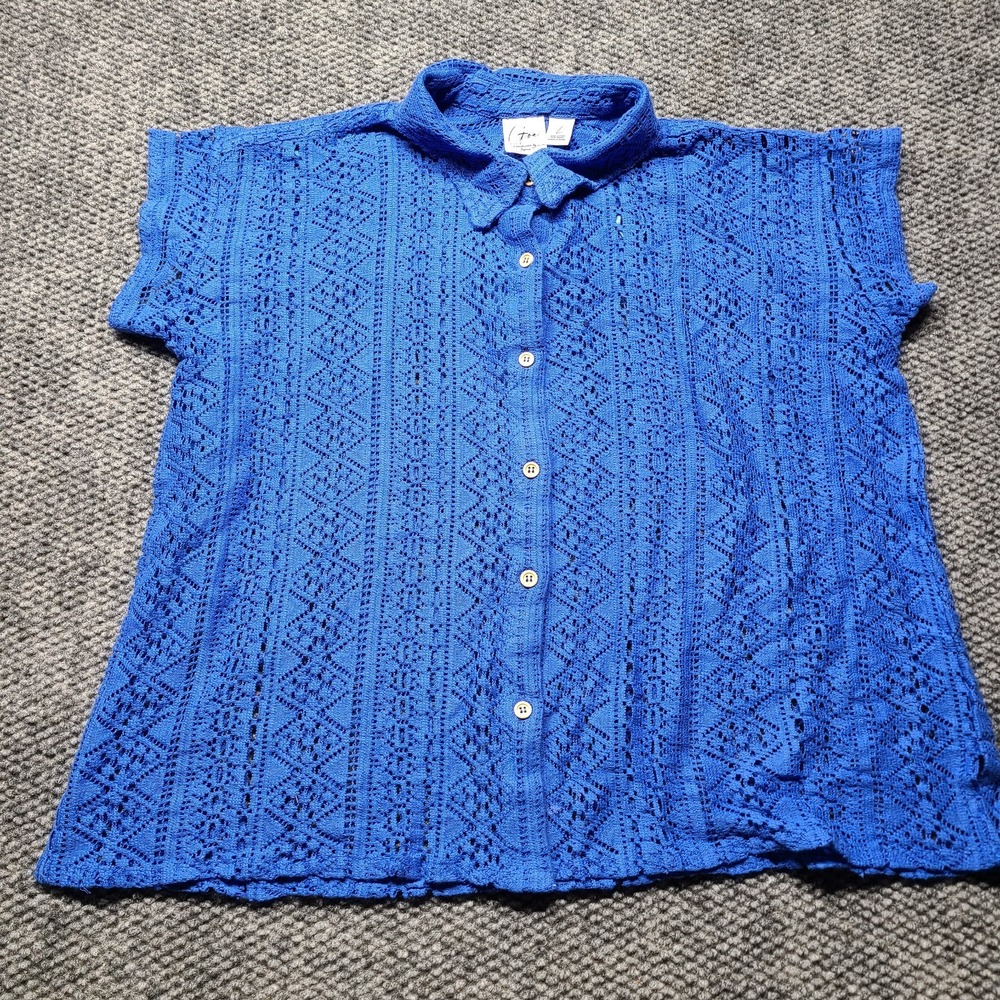 Goa Beachwear by Japna Blouse Top Womens Large Blue Cotton Crochet Button Up